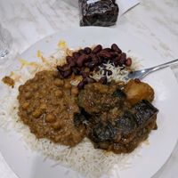 Three curries for a fiver; Chana, aubergine and kidney beans. Also, there's a pecan brownie in the background. at Little Aladdin in Manchester