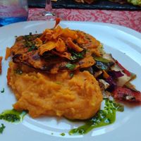 Vegan lentil steak, with sweet potato mash and vegetables. Absolutely delicious!! at Andino Gastrobar in Malaga