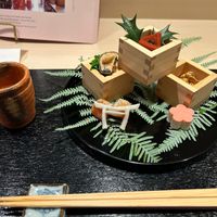 ‘Vegan fish’ on the left and caramel soy beans on the right. at Ise Sueyoshi in Tokyo