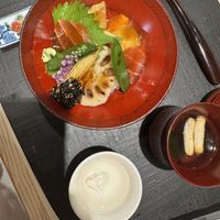 Rice bowl with vegetables and vegan tuna made from potato  at Ise Sueyoshi in Tokyo