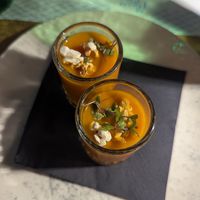 Complimentary soup shots with popcorn. Assured to be vegan! at Marco Polo in Dubrovnik