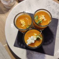 Welcome drink - Vegan pumpkin soup in a shot glass at Marco Polo in Dubrovnik