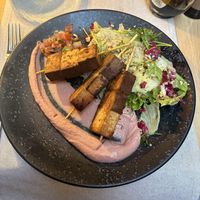 Smoked tofu with beetroot hummous  at Marco Polo in Dubrovnik