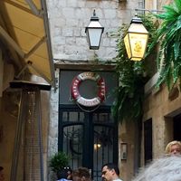 Shady outdoor seating on a short street.  So nice on a hot sunny day after walking the city wall!  Restaurant provides blankets for colder weather 😉 at Marco Polo in Dubrovnik