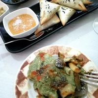 vegan lasagna and vegan samosas with chick peas at abok2 in Sevilla