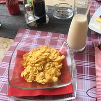 Vegan Breakfast - cornflakes and soya milk at Ombra Restaurant in Kotor