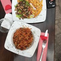 spaghetti + open-face "sandwich" at Ombra Restaurant in Kotor