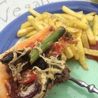 Roasted vegetable pizza with chips (note this was a special, which changes each week) at The Retreat Animal Rescue Farm Sanctuary and Cafe in Ashford