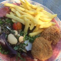 seitan nuggets, chips and salad at The Retreat Animal Rescue Farm Sanctuary and Cafe in Ashford