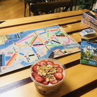 Strawberry shortcake bowl, great space to play a short board game    at Juicekeys in Raleigh