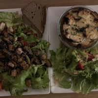 Salat with mushrooms and tofu, moussaka   at Dreizehn in der Muehle in Augsburg