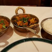 Aloo Tama Boori (left), Bhanta Bhajee (center), both sides, w/basmati rice at The Khukuri Restaurant in Edinburgh