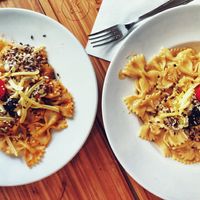 pasta with cashew cream (top) & sundried tomato pesto at Madal Food in Budapest