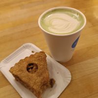 Apple pie and matcha latte with oat milk at Madal Food in Budapest