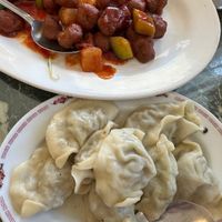Sweet & Sour Soy Protein with Bell Peppers, Cucumber, and Pineapple and Homemade Vegetable Dumplings  at Jyun Kang Vegetarian Restaurant in Ukiah