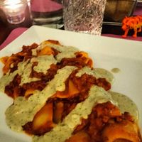 Calamarata al ragù con fonduta alle erbe aromatiche  #Veganuary at L'OV Osteria Vegetariana in Florence