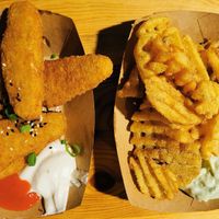fried chicken tenders with sauce // potato waffles with basil mayo at Veg Machine in Tallinn