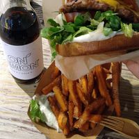 Smash burger & sweet potato fries at Veg Machine in Tallinn