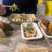 Trucker Burger, Loaded Fries (Salad) (yum), Shrimp , Schnitzel Sandwich (yum)  at Veg Machine in Tallinn