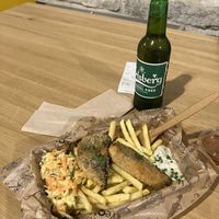 Fish (mycoprotein) & chips with vinegar  at Veg Machine in Tallinn