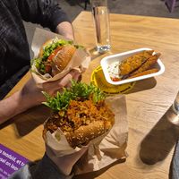 Beyond burger (top), Shredded sweet potato burger (bottom), Chickn tenders with mayo and sriracha at Veg Machine in Tallinn