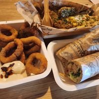 Caesar wrap, vish and chips and onion rings at Veg Machine in Tallinn