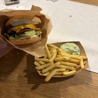 smash burger & fries with basil mayo   at Veg Machine in Tallinn