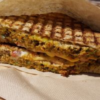 Hot sandwich (tofu patty and cheese) at Veg Machine in Tallinn