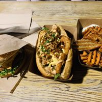 vegan cheeseburger &hot dog (both beyond meat) & sweet potatoe waffle fries at Veg Machine in Tallinn