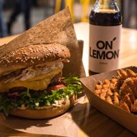 Cheeezeburger with Beyond Meat & Sweet Potato Waffle fries with basil mayo at Veg Machine in Tallinn