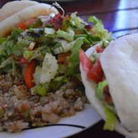 Vegetarian platter (Salad, Babaghanoush, Hummous) and falafel sandwich at Chez Joseph in Vientiane