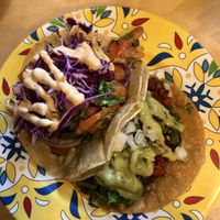 Tacos de camarón y adobada  at La Taqueria Vegiee in Tijuana