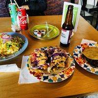 Tacos de papá taco de camarón taco gobernador y mulita de asada   at La Taqueria Vegiee in Tijuana