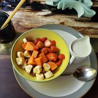 Vegan granola bowl with fruit and cashew mylk at Clear Cafe in Ubud