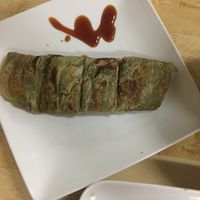 Pancake w fake meat inside - yummy!  at He Fong Su Shi Wu in Hsinchu