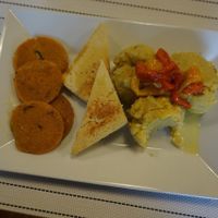 Dominican Veggie. A very dominkcan breakfast. Mangú, vegan salami and soy cheese.  at Dr Ben Bistro in Santo Domingo