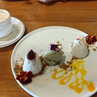 Tofu pannacota with ice-cream, cappuccino with almond milk at TIME Vegetarian Kitchen in Santo Domingo