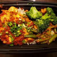 Tofu, green beans, broccoli, and yams over rice at HoM Korean Kitchen in San Jose