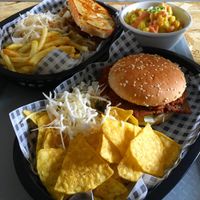 the clubhouse sandwich, the sloppy joe burger, and a pot of mac and cheese at Grumpy Panda Slice Shop & Deli in Gateshead
