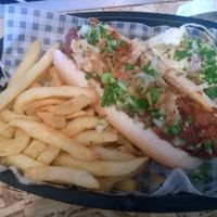Chilli cheese rib dog with fries at Grumpy Panda Slice Shop & Deli in Gateshead