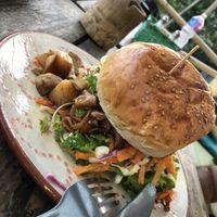 Vegan mushroom burger at The Juicery Cafe in Pokhara