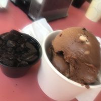 The chocolate w/ bananas ‘fro-conut’ (two scoops), and Oreos—came in plastic :/ at Ice Cream Factory in Boothbay Harbor