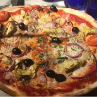 Artichoke, olive and red onion with vegan cheese  at Pizza Express - Cardiff Bay in Cardiff
