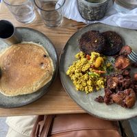 Vegan Bearcat + Vegan Blueberry Pancakes.  at Bearcat Cafe - Uptown in New Orleans
