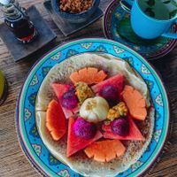 Vegan pancakes for breakfast! at Sarinbuana Eco Lodge Restaurant in Tabanan