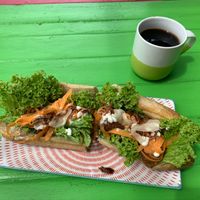 I couldn’t wait! ‘Chicken ciabatta sub!’  at Let Them Eat Vegan in Dunedin