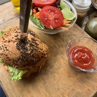 Quinoa burger with salad at Spirulina in Puerto Escondido