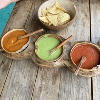 Chips and salsas (for free)  at Spirulina in Puerto Escondido