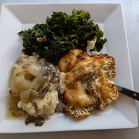 Cauliflower steak with garlic aioli, mashed potatoes, sauteed greens at Garden Cafe of Woodstock in Woodstock