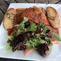 Veggie lasagna with garlic bread and salad - this was our fav option we got!  at Garden Cafe of Woodstock in Woodstock